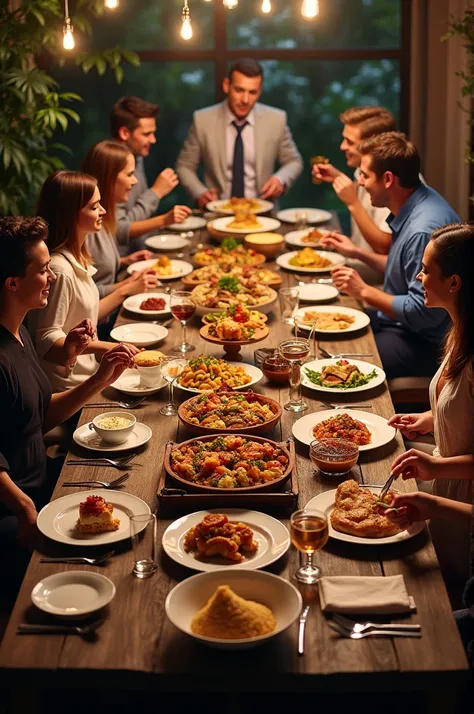 Different meals in a table and some people sit around the table