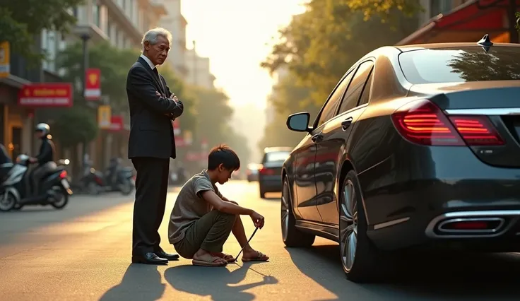 A highly detailed and cinematic digital artwork depicting a 70-year-old Vietnamese millionaire in luxurious, formal attire, standing with arms crossed, his face showing disdain as he observes a 14-year-old Vietnamese boy in tattered, worn-out clothes kneel...