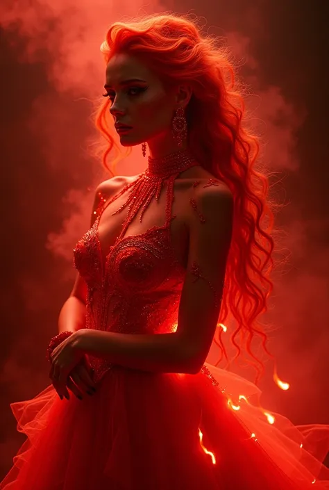 A full body posture of a surrealism and fantasy of an enchanting delicate mesmerizing silken and glowing skin gorgeous beautiful witch woman shimmering and delved into a swirling of blood red composition of smoky and firing blended mixture. The whole scene...