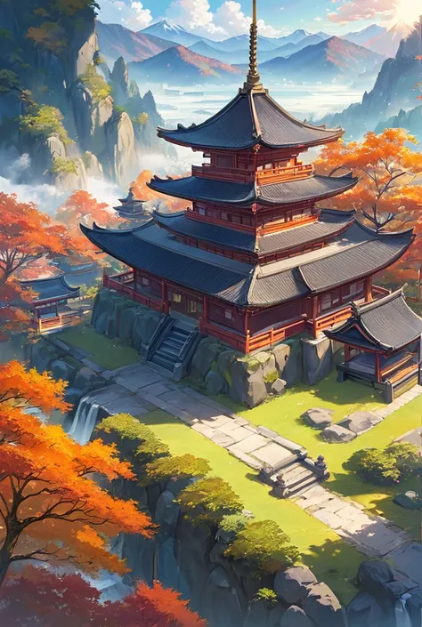 (Fantasy world),　(Mountains),　(beautiful nature),　mist,　fog,　


"A majestic mountain temple inspired by Kongo-san Senpou Temple, featuring towering stone walls and a massive golden tree at its center. The scene captures the intricate Buddhist architecture ...