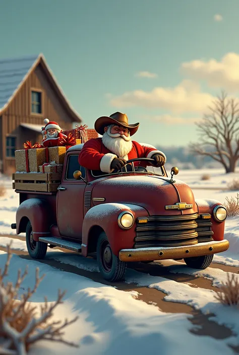 cowboy santa in a old chevy pickup full of gifts 