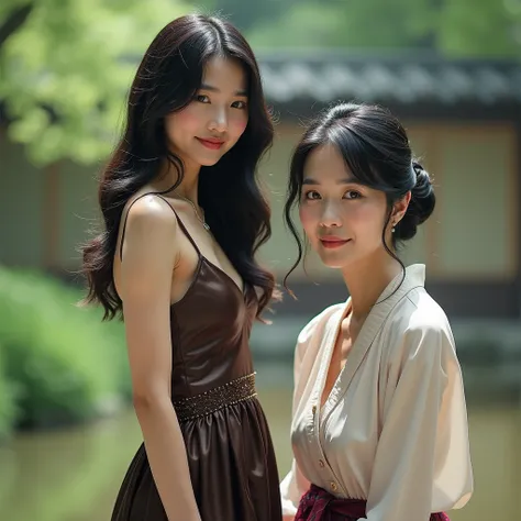 Two Japanese, sexy, in a Japanese garden looking at the viewer. The 26-year-old girl, standing with her shiny black wavy hair, wears an elegant dress that highlights her beautiful oversized chest and delicate silhouette. Slightly smiling. Beside her, her m...