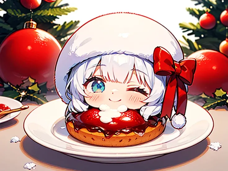 A potrait of a cute girl face. Her eyes are closed in happy expression. Her mouth is open so wide, ready to eat a snowy huge christmas cake. Sea blue bob style hair. Pink cute dress. Chibi style. 
The Christmas cake is powdered by snow like white sugar. On...