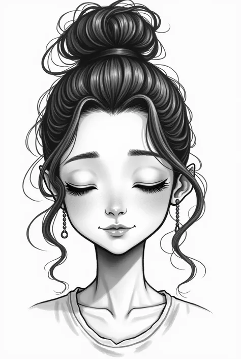  You have an almost realistic black and white drawing of a girl with tied hair with a high curly ponytail, with semi-closed eyes with thin , slightly pointed nose ,  lenses with string earrings with hair in front that are small