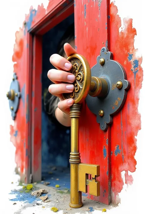       close-up  ,  only a womans hand holds a large golden key ,   behind her red door and a large lock weighs on the door,  traditional media           ,watercolor (medium),                  white background