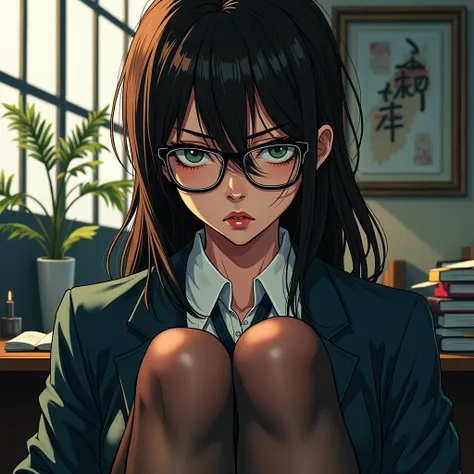 teacher,glasses, brunette , Disdainful expression ,Stockings,foot, Japanese manga characters,Aromanga ,Academic Affairs Office ,Beauty,black eye,Oil, big ass