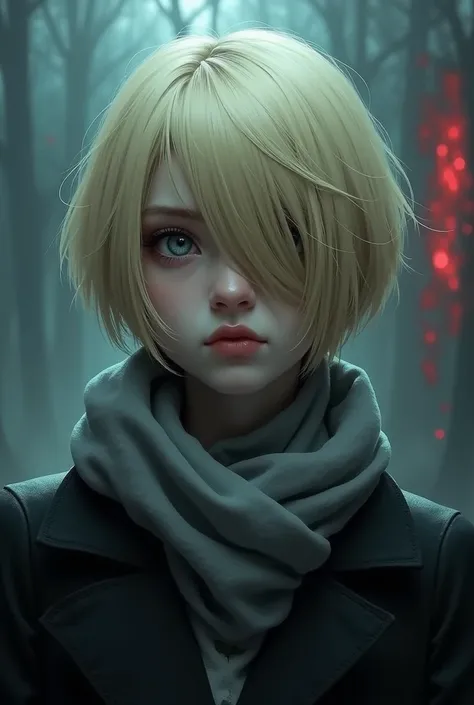 Woman blond hair veryyy short with long fringe on one side over a eye grey eyes terror  sweet looking black coat and grey scarf horror blue red distorcion