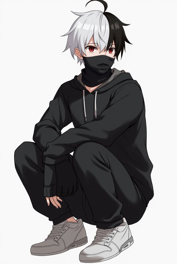 Character with the left part of the white hair and the right BLACK the left eye red and the right eye black he wears a black sweatshirt with the end of the rope of the white sweatshirt black pants white sneakers and he wears a black bandage that covers his...