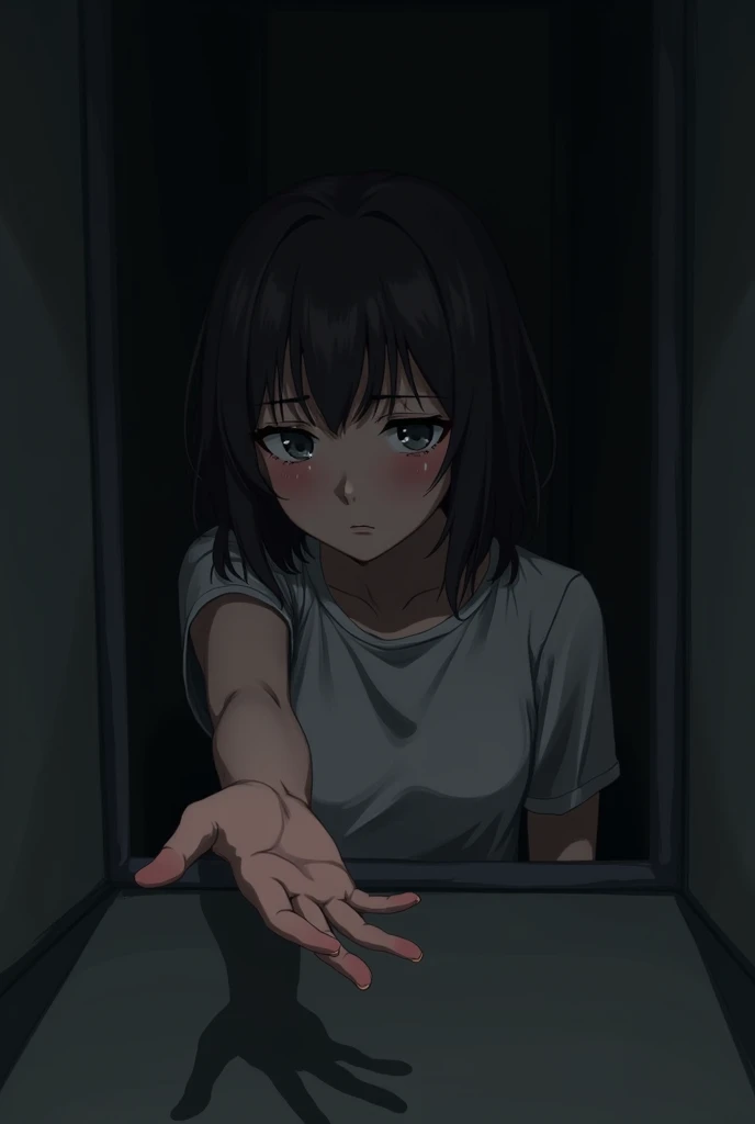 Sad alone woman anime  asking for help dark room 