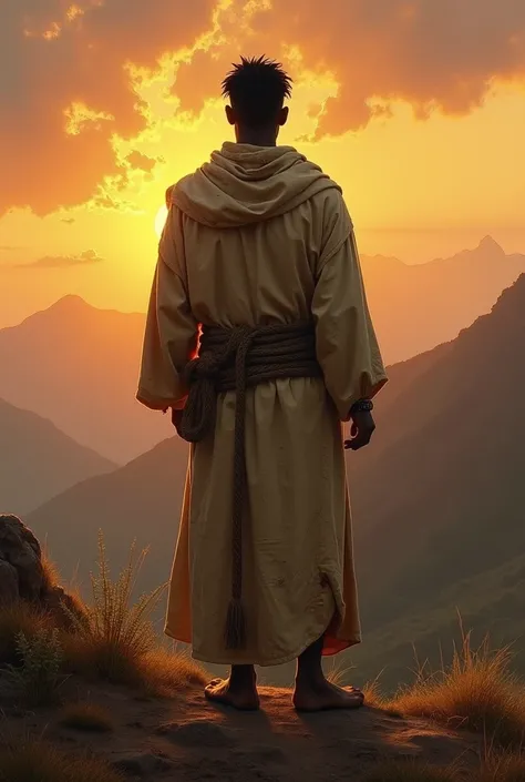  realistic painting of a black man with a straight back, with an old and dirty tunic , dirty and old light brown robe,  a rope around the waist standing on a hill , Looking at the depth of the image close to sunset ,  Sun with shades close to the sky, hill...