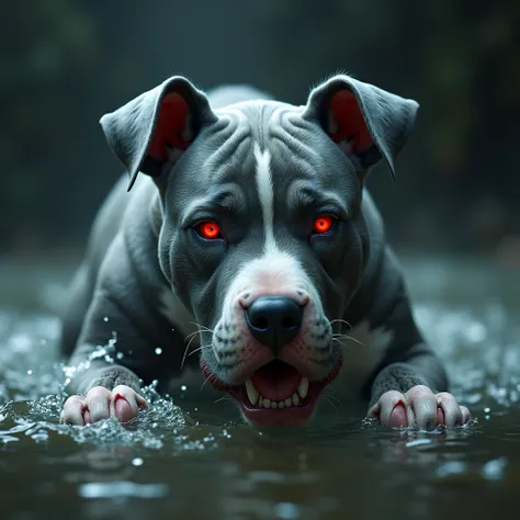 photo of monstrous gray and white baby pitbull in water with red eyes
