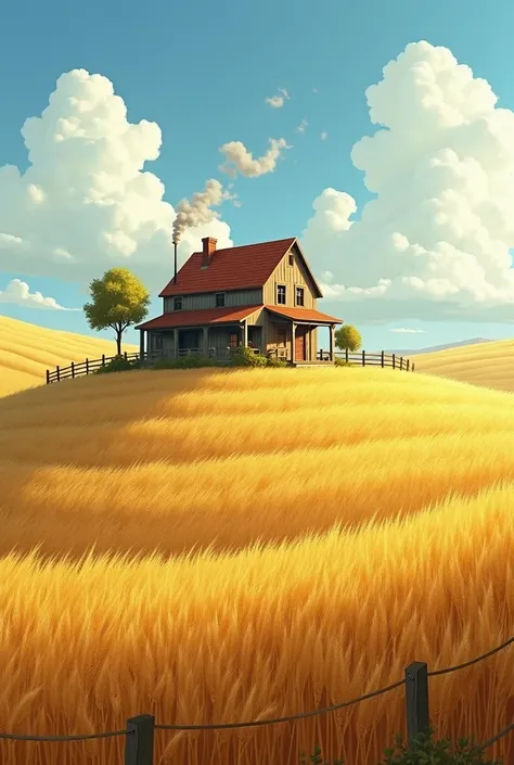 a small farmhouse on a hill in a vast wheat and barley farm. 