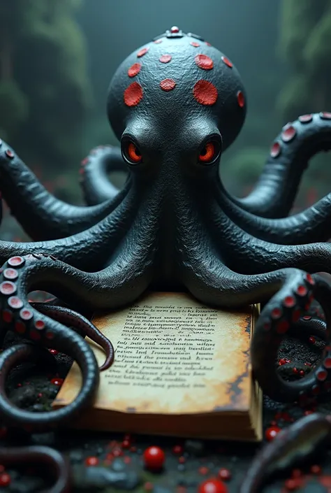 krakorion text between the hands of a black octopus with red spots, let the octopus look at the screen