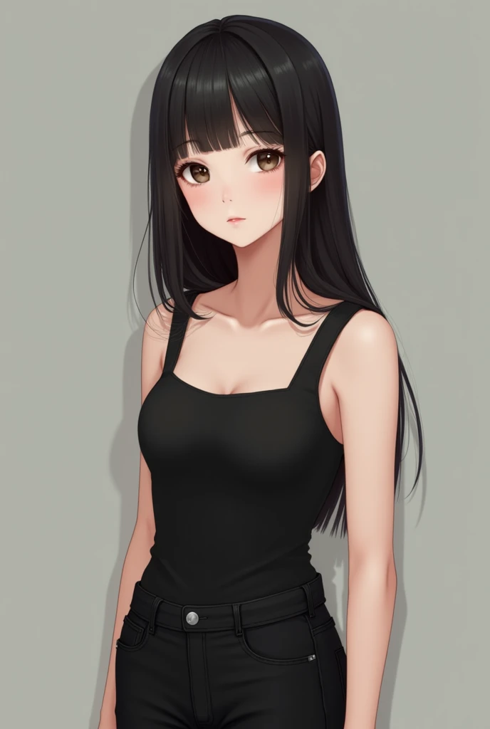  The body structure of a 15-year-old girl, 1,59 cm tall , with 47kg ,  black hair just below the shoulders, with black pants and black tank top .