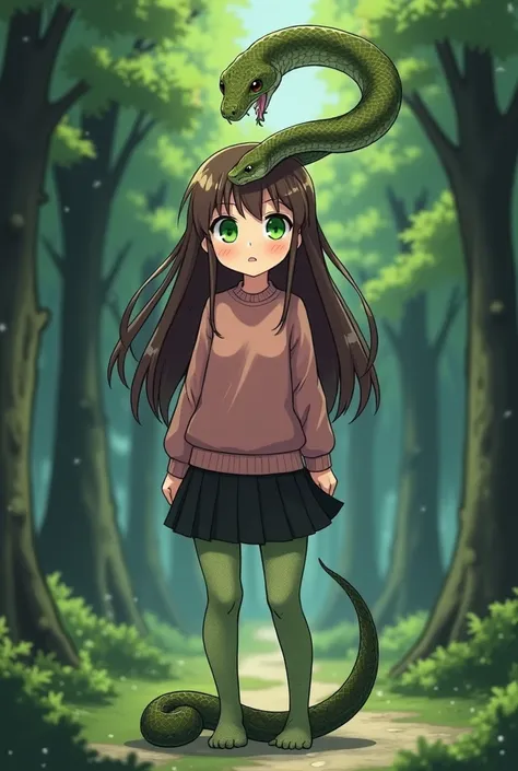 Thin,   anime girl with long brown hair and bright green eyes, Has on a black skirt and a pink sweater .  She was bitten by a snake and turns into a. She is standing in the forest . A snake is right above her and her legs become a snakes tail.  The snake b...