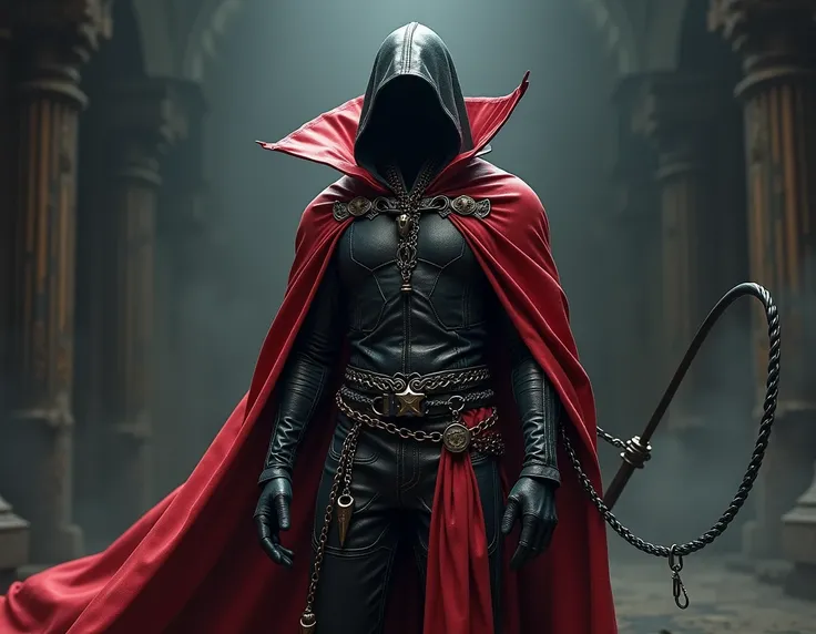  make a saint with a whip wearing black and red leather clothes, and with chains, You must also wear chains 