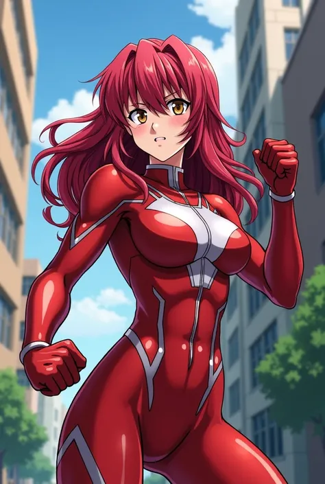  My Hero Academia style ,   anime girl , woman, young woman ,  full body shot ,( Fighting Pose :1.3),Long Hair, Red Hair,   Brown Eyes , hero suit, Full Body Suit,  red suit with white details, perfect anatomy,  Well-trained abdominal muscles , super detai...