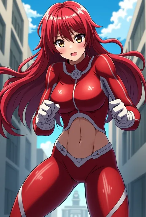  My Hero Academia style ,   anime girl , woman, young woman ,  full body shot ,( Fighting Pose :1.3),Long Hair, Red Hair,   Brown Eyes , hero suit, Full Body Suit,  red suit with white details, perfect anatomy,  Well-trained abdominal muscles , super detai...