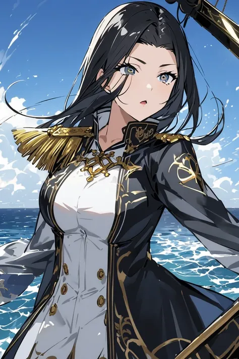 

Stand on the deck of a ship cutting through rough seas、 a cool female captain 。 with long black hair dancing in the wind 、 Her sharp eyes and confident expression show her leadership。 she wears a white shirt and a black coat 、 has a navy-style design wit...