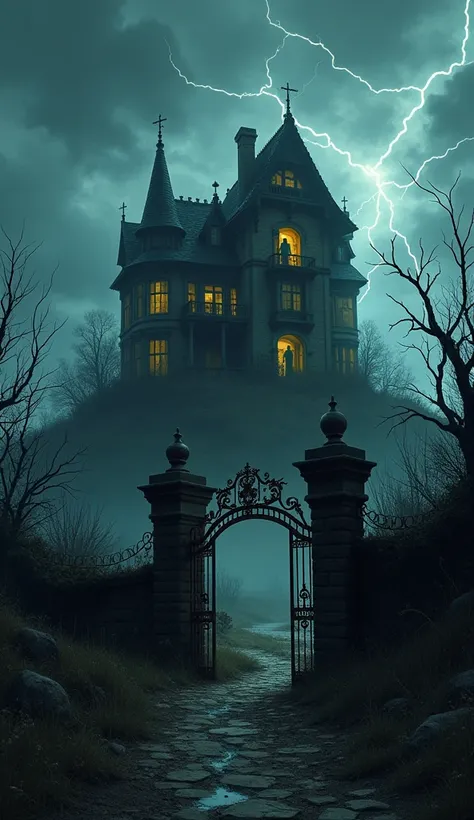 Illustrate a creepy old mansion on a hill, surrounded by dead trees. The mansion has broken windows, with faint candlelight flickering inside. Thunder clouds loom overhead, and lightning strikes illuminate the scene. A rusty gate with overgrown vines guard...