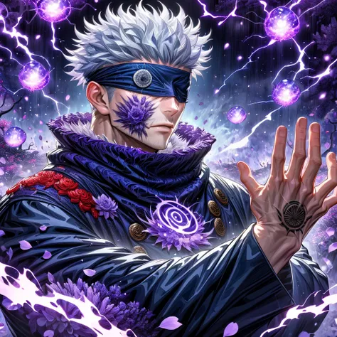 Ultra detailed, highres, absurdres, HDR, master piece, Gojo Satoru, white hair, blindfolded eyes, Jujutsu Kaisen, fantasy, petals, purple flowers, handsome, sexy man, solo, black clothes, magic, purple fireflies, purple moon, best quality, extremely detail...