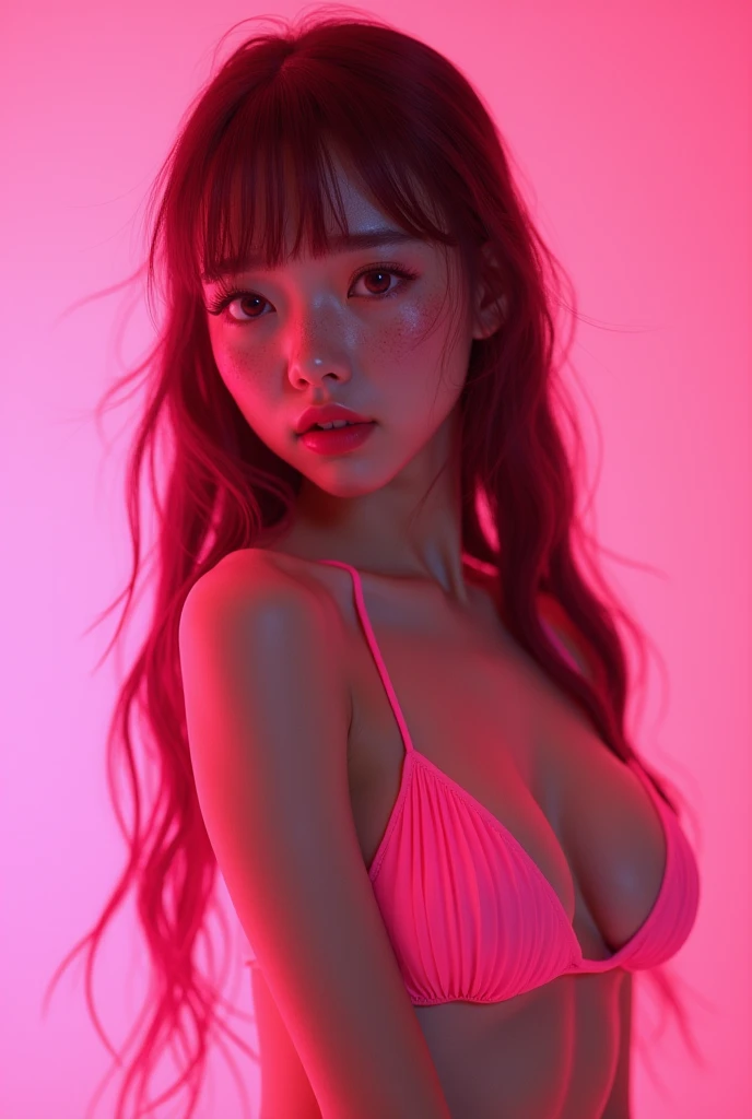 One girl、((tattoos)), Excellent anatomy, masterpiece, Highest quality,Realistic, hyperRealistic, 16k hdr、Long pink Hair、Straight Hair、bangs、freckles、high school girl、Slender、Slender body、asian high school girl, huge breasts, cleavage, Lewd, horny, (((sexua...