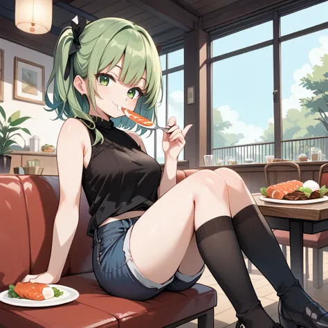 long green hair ,  green eyes, sleeveless black shirt, shorts jeans preto, black knee-high socks, black eyelashes,  sitting on a chair ,with a plate ,  eating fish with rice with a fork and knife.
