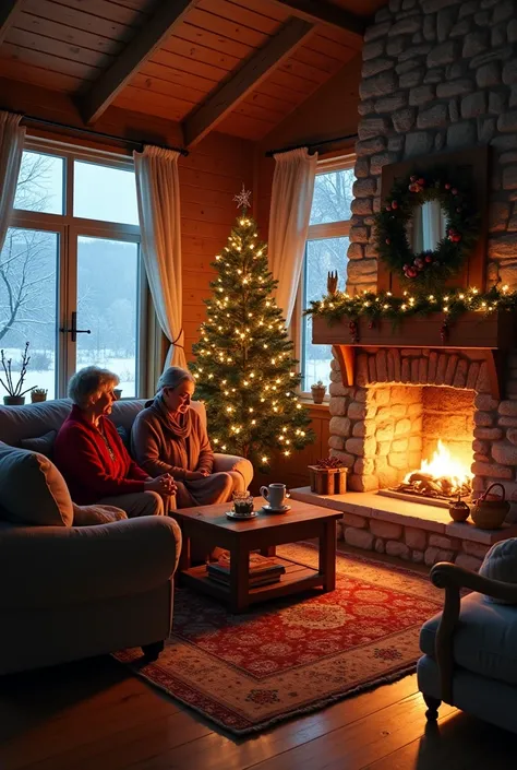  Cozy rural house ,  in the living room there are 3 women aged 54 , 45 years and 32 years old ,  are near the fireplace ,  there is a Christmas tree and a cozy atmosphere ,  on one wall there is a large window through which you can see it snow outside and ...