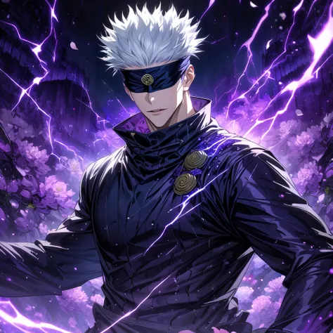 Ultra detailed, highres, absurdres, HDR, master piece, Gojo Satoru, white hair, blindfolded eyes, Jujutsu Kaisen, fantasy, petals, purple flowers, handsome, sexy man, solo, black clothes, magic, purple fireflies, purple moon, best quality, extremely detail...