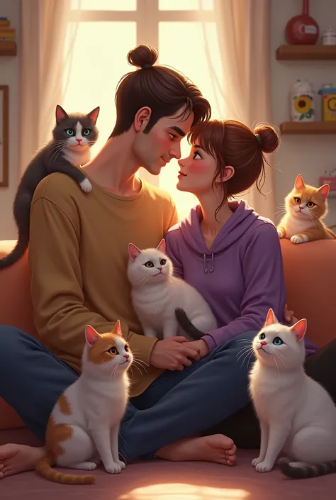 An engaged couple with 7 cats, the boy without a beard and with brown bun, she with blue eyes and a purple sweater