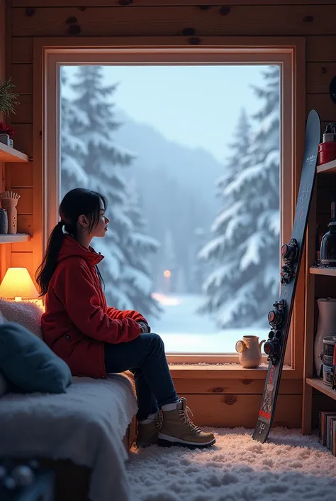 A beatifull asian girl on her wooden cabin room second floor, looking outside the window during winter snow. The rooms are warm and and light fully equiped with sking equipment 