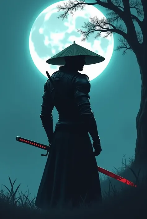 a samurai watching the moonlight with his back turned, Dark samurai wearing straw hat sword with red, under a tree on a cyan moonlit night wearing slim futuristic armor without showing his face behind his back 