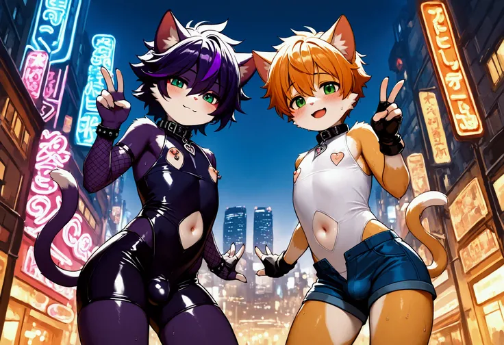 furry, 2boys, shota, furry male, body fur, cat ears, symmetrical pose, peace sign, sweat, sci-fi, white sleeveless body suits, short pants, bulge, open fly, fingerless glove, fishnet arm covers, shoes, collar, navel cutout, nipple cutout, nipple jewelry ac...