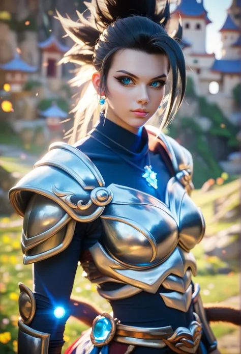 1 female, Beautiful saiyan princess, photoreaistic, young, fair skin, long black hair, blue eyes, monkey tail, black eyeliner, fit. (((Wearing siyan armor))) Japanese castle background. Wearing glowing pendant. Fully body view.