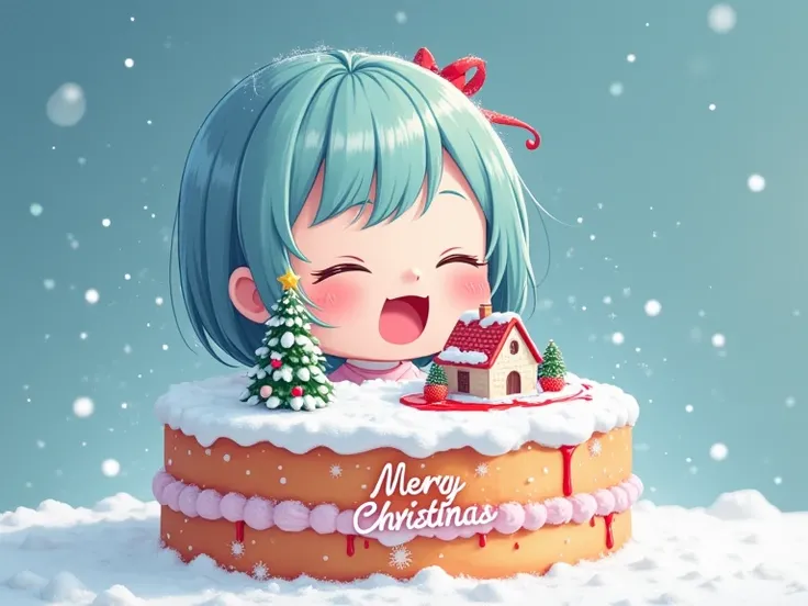 A potrait of a cute girl face. Her eyes are closed in happy expression. Her mouth is open so wide, ready to eat a snowy huge christmas cake. Sea blue bob style hair. Pink cute dress.
The Christmas cake is powdered by snow like white sugar. On top of it, a ...