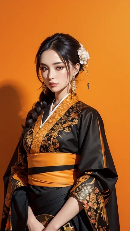 orange and black painting background,  a woman, in the style of richly layered, fashion photography, altarpiece, all-over composition, photorealistic mix paintings, golden hues, elaborate short kimono clear transparent