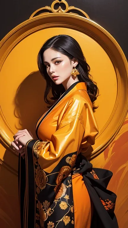 orange and black painting background,  a woman, in the style of richly layered, fashion photography, altarpiece, all-over composition, photorealistic mix paintings, golden hues, elaborate short kimono clear transparent