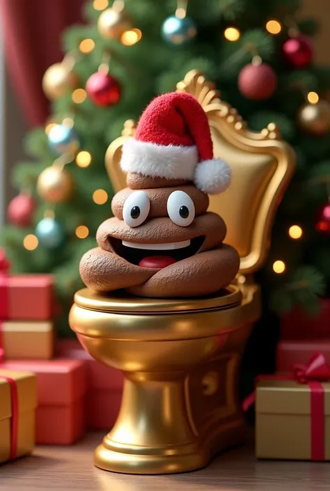 A poop with a face is sitting on a golden toilet with a Santa hat in the background Christmas tree 