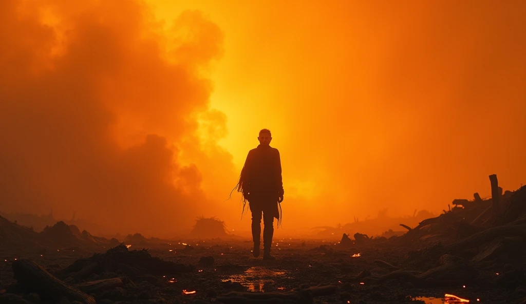 "A lone man stands amidst a desolate, smoldering landscape of hot ashes, the ground glowing faintly with embers and heat waves rising into the air. His silhouette is framed by a hazy, orange-tinted sky, the aftermath of a great fire evident all around him....