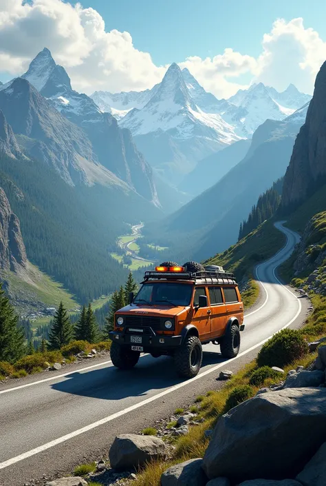 Generate a image of a van travelling on a mountain with view of valley