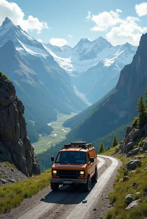 Generate a image of a van travelling on a mountain with view of valley