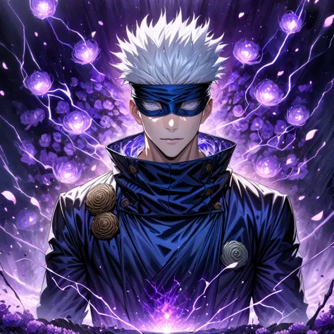 Ultra detailed, highres, absurdres, HDR, master piece, Gojo Satoru, white hair, blindfolded eyes, Jujutsu Kaisen, fantasy, petals, purple flowers, handsome, sexy man, solo, black clothes, magic, purple fireflies, purple moon, best quality, extremely detail...