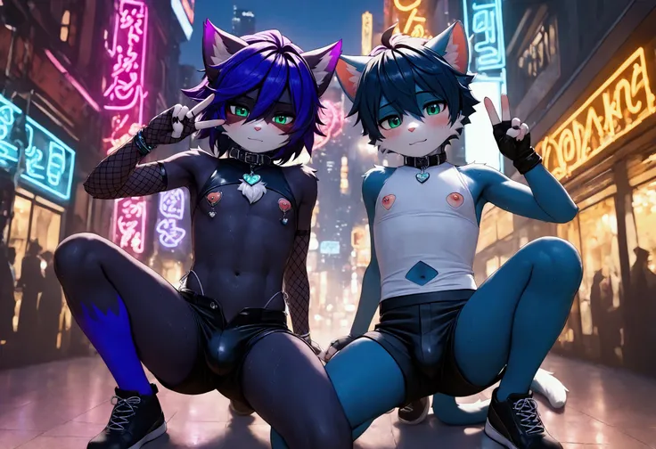 furry, 2boys, shota, furry male, body fur, cat ears, symmetrical pose, peace sign, sweat, sci-fi, white sleeveless body suits, short pants, bulge, open fly, fingerless glove, fishnet arm covers, shoes, collar, navel cutout, nipple cutout, nipple jewelry ac...