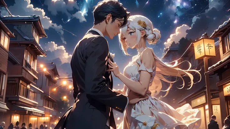 Prompt information

Style:  Romantic and fantastic anime-style illustration composition :

Main characters: Night Skyの下で向き合う二人の男女。The woman is wearing a white dress、 The man is wearing a simple and elegant suit。 Warm, soft light floats between the two 、Sym...