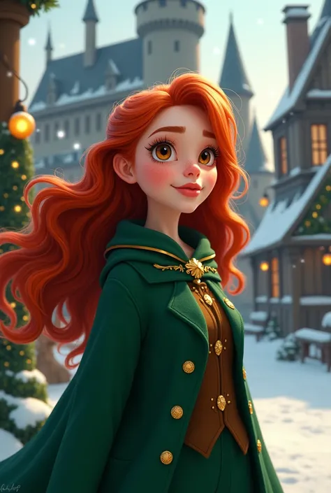 Create an image of a red-haired ,  brown eyes,  white woman at Hogwarts wearing a slytherin uniform at Christmas... Disney style