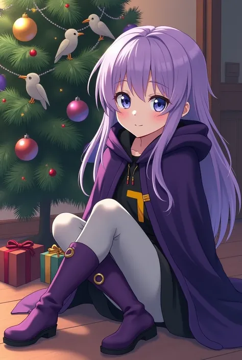  Teenage girl with gray skin lilac eyes long purple hair ,  purple cloak and hoodie wearing a purple boot she is sitting under a Christmas dinner. next to,  a blond girl with long hair ,  Blue Eyes,  black spy costume with a yellow t on her chest and a cir...