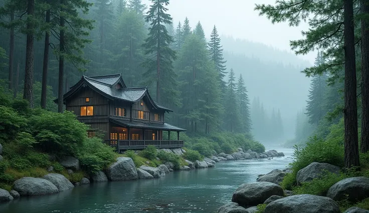 Traditional Hotel in side a forest . Far from the hotel there is a river foleA serene Japanese-style wooden building nestled in a lush green forest by a clear river, surrounded by tall pine trees and smooth rocks, under a cloudy, overcast sky. The atmosphe...