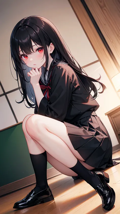  long black straight hair , Japanese school uniform,  Short black skirt ， black knee-high socks ， Black Leather Shoes ， red eyes ，Get down on one knee，HEALTHY SKIN , indoor, shrine，Bright natural lighting , Warm and soft atmosphere, Side Angle, Moderate de...