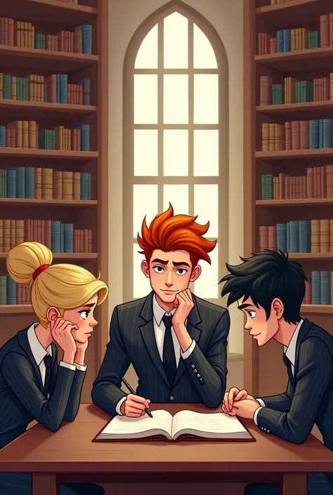  The image shows a sophisticated and well-lit library ,  with tall wooden shelves filled with books . in the center,  a table with three young people studying . Left, a girl with blond hair tied in an elegant bun looks thoughtful, resting her hand on her f...