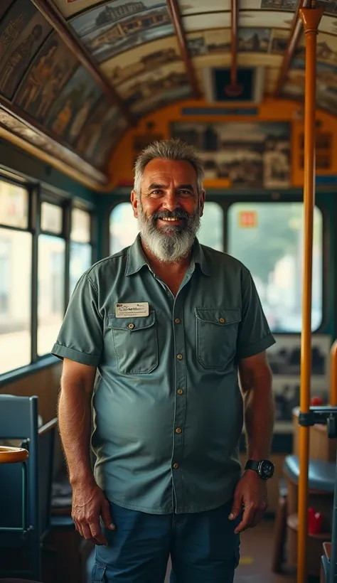 Adrián with a beard, a bus driver ,  decorated his vehicle with old photographs of the neighborhood. 